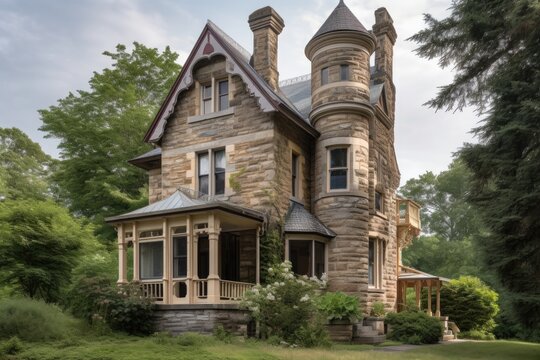 a beautifully restored victorian house with a smoke-free chimney and stone fireplace, created with generative ai