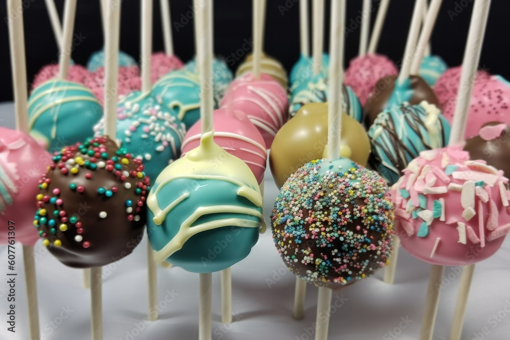 Poster perfectly decorated cake pops with a variety of flavors for every occasion, created with generative ai