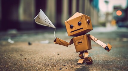 A small cardboard robot holding a kite on a city street. Generative AI image.