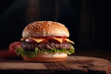 hamburger on a wooden table on a black background. quick snack. generative ai,