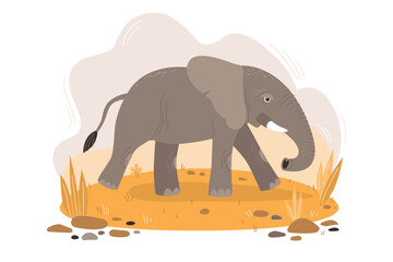 Obraz premium The cartoon elephant walks along the yellow savannah. Fairy African animal. Design element for postcards, books, textiles. Colorful vector illustration in flat style.