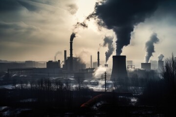 factory chimneys, releasing smoke into air, in polluted urban landscape, created with generative ai