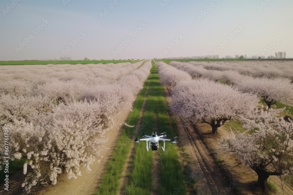 Sticker drone flies past blooming cherry orchard in springtime, created with generative ai