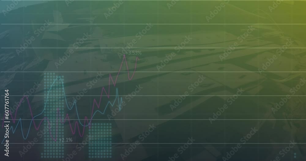 Poster animation of multiple graphs with changing numbers over aerial view of modern buildings