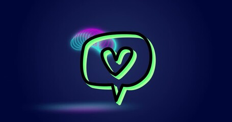 Animation of heart in message box over moving circles against blue background