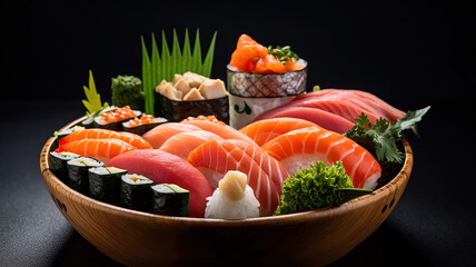 Close up of sushi, Japanese seafood. Generative Ai