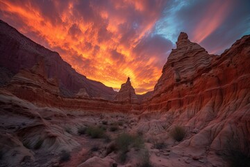 majestic sunset over fiery canyon, with silhouettes of towering rocks and clouds in the background, created with generative ai