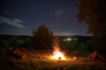 bonfire night, with a view of the starry sky and fireflies, created with generative ai