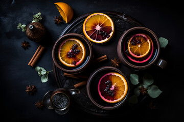 Three cups of christmas mulled wine or gluhwein with spices and orange slices . Generative AI