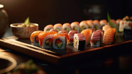Close up of sushi, Japanese seafood. Generative Ai