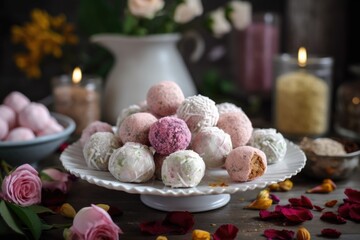 Obraz na płótnie Canvas cake pops arranged in circle on plate, with rose and greenery in the background, created with generative ai