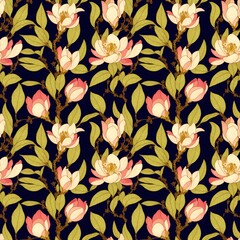 Seamless floral pattern with magnolia flowers, tileable, Generative AI
