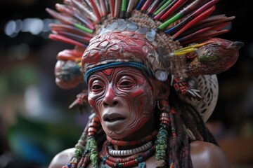 close-up of alien's face, with its distinctive features and skin colors on display, while it wears festive headdress and dances during festival, created with generative ai