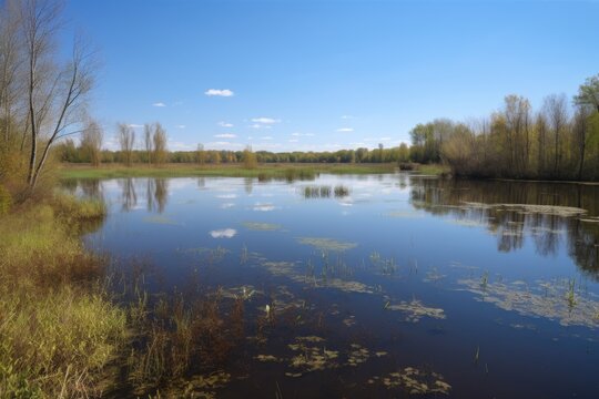 pristine pond surrounded by clear waters, but with the threat of agricultural runoff nearby, created with generative ai