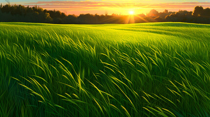 草原と夕日の風景　Generative AI - obrazy, fototapety, plakaty