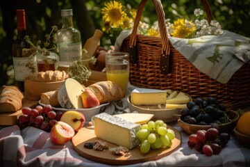 picnic setup with delicious picnic basket full of fruits and cheeses, created with generative ai