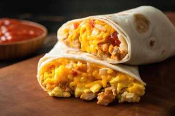breakfast burrito, filled with scrambled eggs, cheese, and spicy salsa, created with generative ai - obrazy, fototapety, plakaty