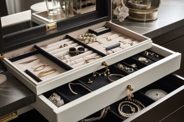 a sleek jewelry box with a variety of accessories and jewelry on display, created with generative ai