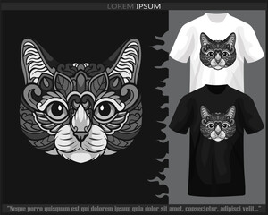 Monochrome color cat head mandala arts isolated on black and white t shirt.