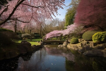 Fototapeta na wymiar cherry blossom garden, with view of tranquil pond and waterfall, created with generative ai