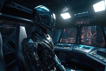 Fototapeta premium alien piloting high-tech spacecraft, commuting to distant colony, created with generative ai