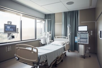 hospital room, with diagnostic equipment in view and ai-driven iv drip visible, created with generative ai