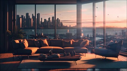 luxury living room, animated virtual backgrounds, stream overlay loop, sofa cozy interior golden hour sunset, vtuber asset twitch zoom OBS screen, anime chill atmospheric
