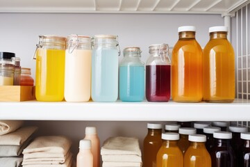stack of homemade cleaning products on shelves in tidy and organized pantry, created with generative ai