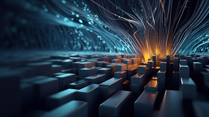 Obraz premium Modern digital abstract 3D background. Can be used in the description of network abilities, technological processes, digital storages, science, education, etc. Copy space. Based on Generative AI