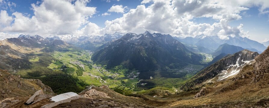 Panoramic view taken from Mount Zerbion of Ayas Valley with Monte Rosa mountains and towns