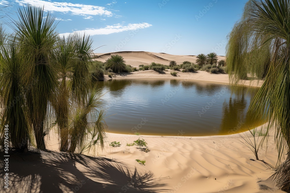 Poster desert oasis with towering sand dunes in the background, created with generative ai