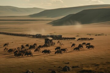 nomadic tribe traversing vast, open landscape with pack animals and carts, created with generative ai