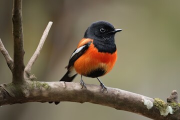 Fototapeta premium male redstart perching on branch, with its vibrant red feathers shining, created with generative ai