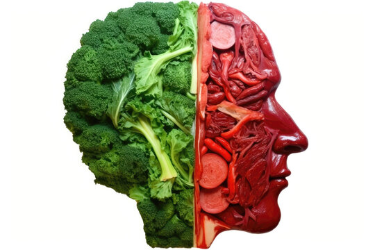 Health-Related Eating Options Depicted through Human Head Shaped Green Kale Leaf and Red Steak: A Conceptual Representation of Food Choices and Diet Dilemma. Generative AI