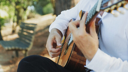 Professional guitarist plays guitar outdoors. Musician plays a classical guitar in the park. A man...