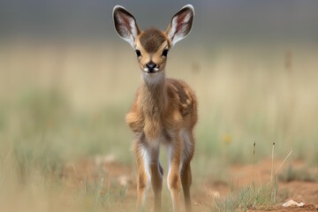 Naklejka na ściany i meble baby antelope standing on wobbly legs in the open plains, created with generative ai