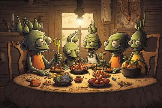 alien family of four, sitting down for quiet dinner together, created with generative ai