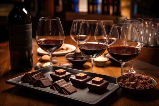 chocolate and wine tasting experience with variety of wines and chocolates, created with generative ai