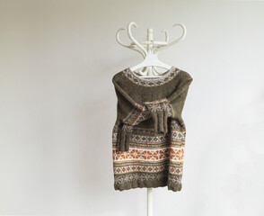 Icelandic wool knitted lopapeysa sweater, brown pullover in traditional Nordic knitting pattern