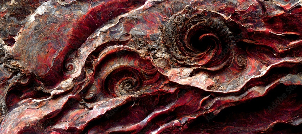 Wall mural Fossilized ammonite sea shell spirals embedded into dark scarlet red slate rock. Prehistoric layered and ridged stone texture with detailed surface patterns - generative ai