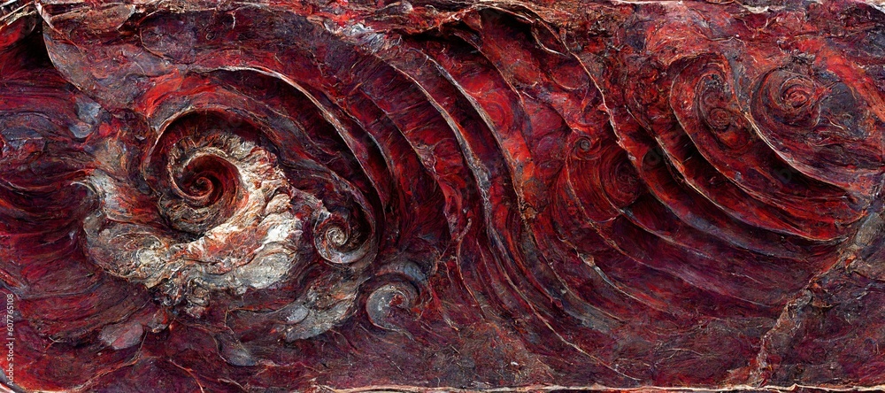 Canvas Prints Fossilized ammonite sea shell spirals embedded into dark scarlet red slate rock. Prehistoric layered and ridged stone texture with detailed surface patterns - generative ai