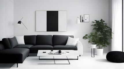 Interior minimal style with black sofa modern living room and white mockup. Generative ai
