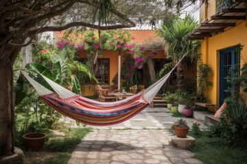 Obraz premium mediterranean house with lush and colorful garden, complete with hammocks and lounge chairs, created with generative ai