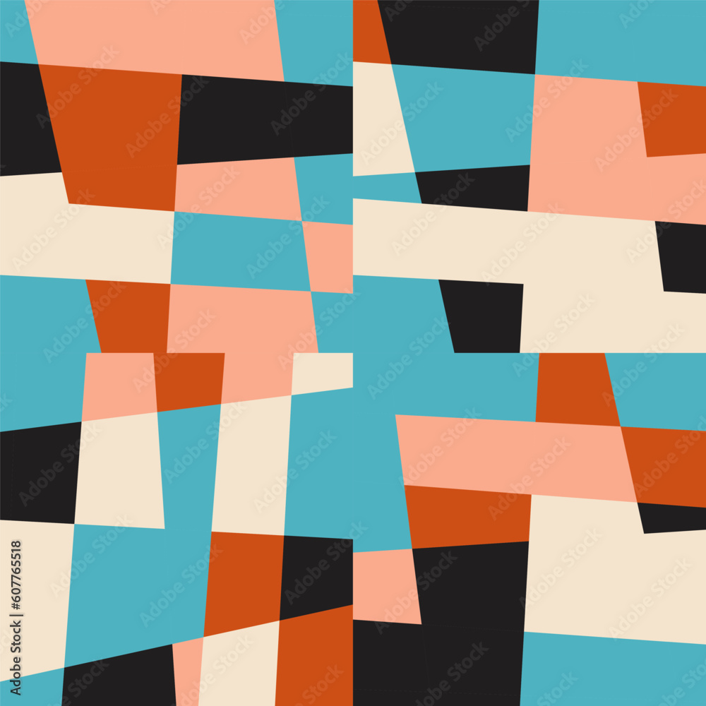 Poster Abstract geometric vector background with random pattern of simple shapes like rectangle, square, triangle and polygon. Pastel colored retro style colorful mosaic.