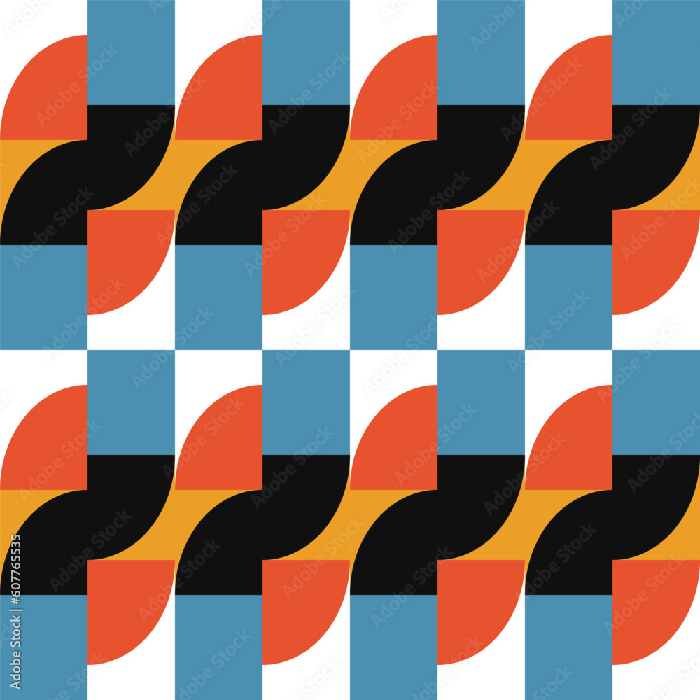 Poster Geometric abstract vector seamless pattern with circles, rectangles and squares in retro Bauhaus style. Pastel colored simple shapes graphic background.