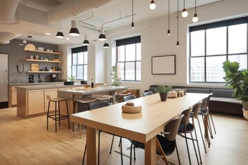 Fototapeta premium co-working space, with communal tables and modern decor, created with generative ai