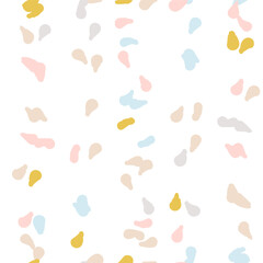 Vector organic seamless abstract background, party confetti pattern. Colorful pastel colored mosaic of simple shapes on white background.