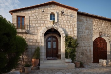 Fototapeta na wymiar mediterranean house with stone facade, gabled roof and arched door, created with generative ai