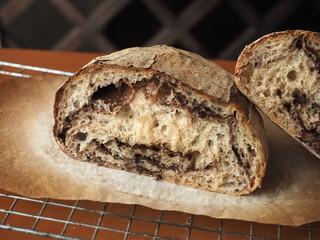 sliced cocoa marble sourdough bread loaf