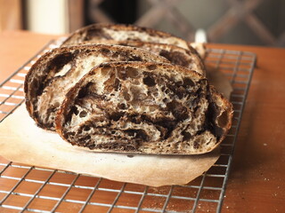 slice of cocoa marble sourdough bread